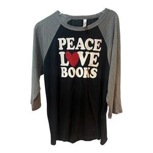 Bella + Canvas Peace Love Books Baseball Raglan Tee Women’s Large Graphic Shirt